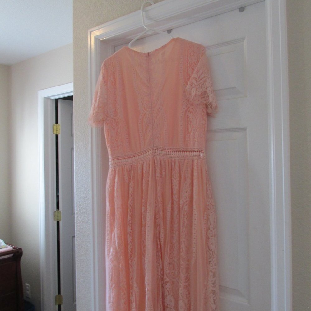 Long Flowy Maxi Dress Womens Peach Orange Short Sleeve Flared V Neck Zip Up Back - Picture 7 of 12